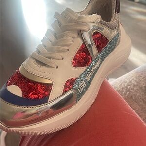 Love Moschino Red and Silver Sequin Sneakers